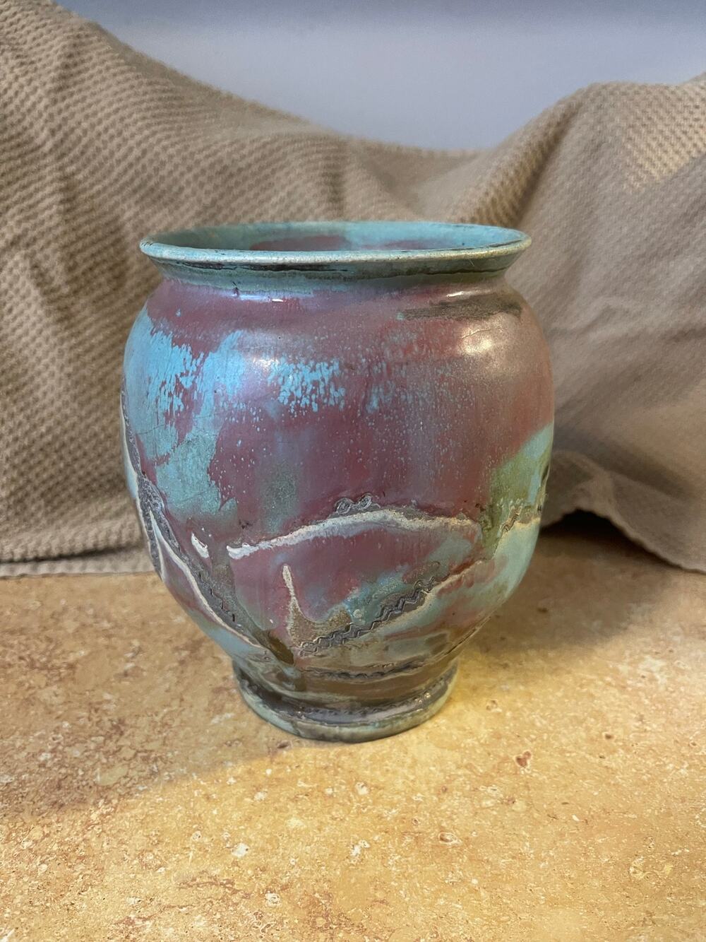 Pottery Vase 6.5"x5.5" Teal/Purple Swirl Handmade